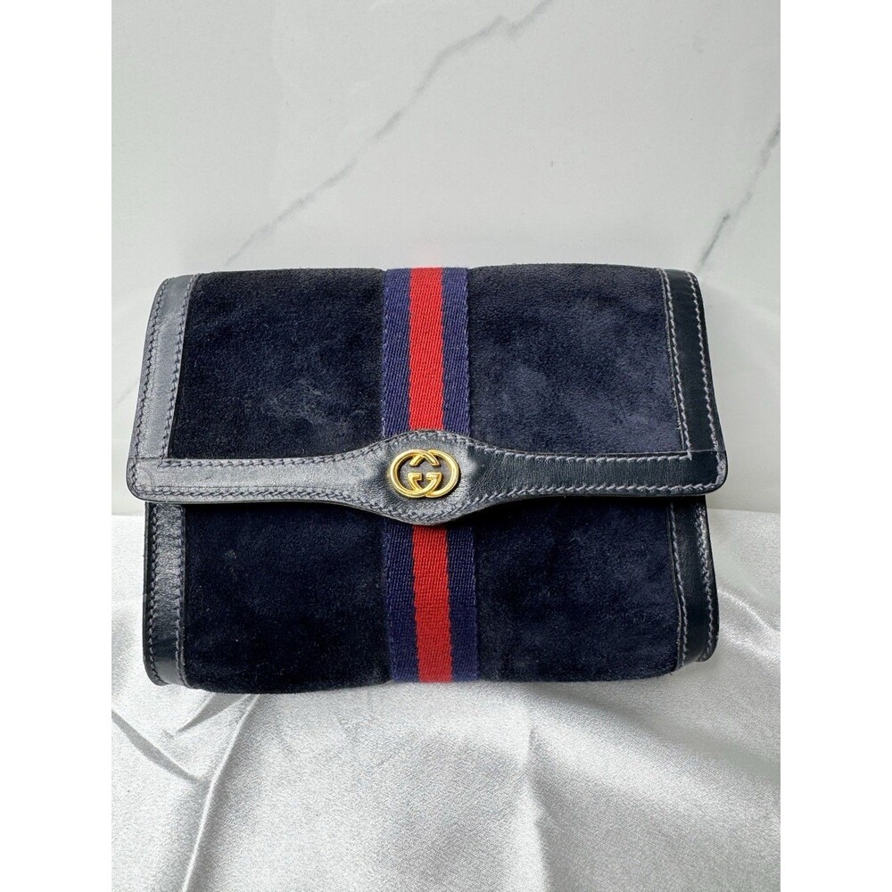 Vintage Gucci Sherry Line Navy Suede Clutch Bag